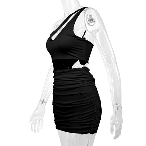 Sexy One Shoulder Hollow Out Mini Dress Women Sleeveless Backless Party Nightclub Outfit